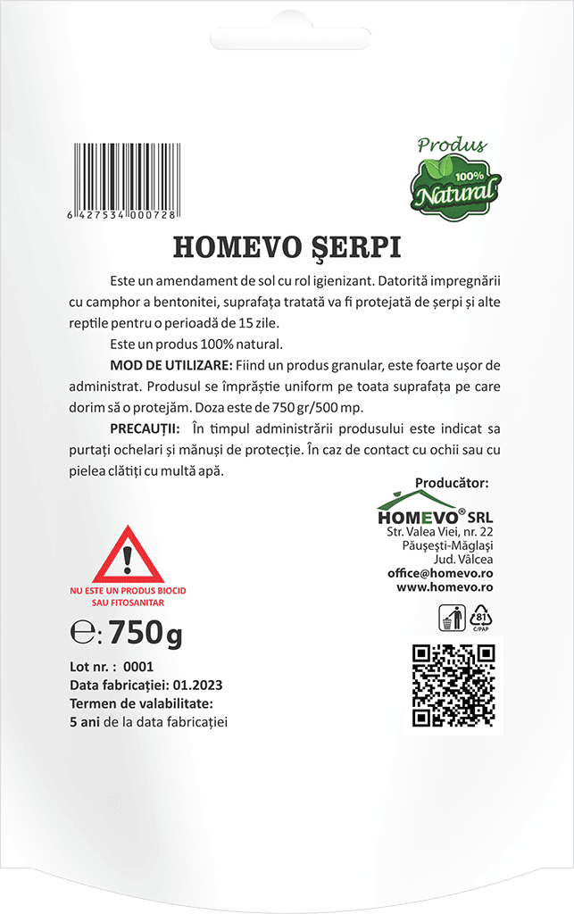 HOMEVO SERPI 750G - Repelent Granulat cu Camfor si Bentonita - Gradini, Curti, Ferme - Nu Lasă Reziduuri în Sol