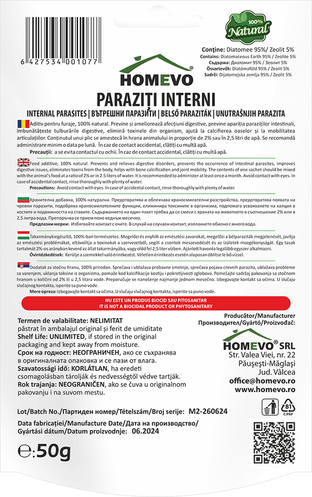 HOMEVO PARAZITI INTERNI 50G  - Supliment Natural cu Diatomite Alimentara - Caini, Pisici, Iepuri, Rozatoare