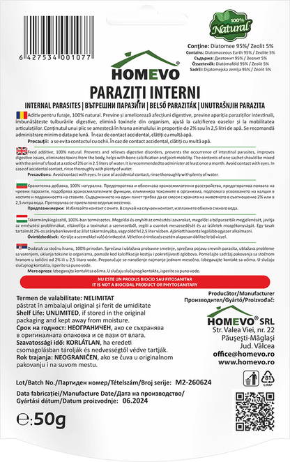 HOMEVO PARAZITI INTERNI 50G  - Supliment Natural cu Diatomite Alimentara - Caini, Pisici, Iepuri, Rozatoare
