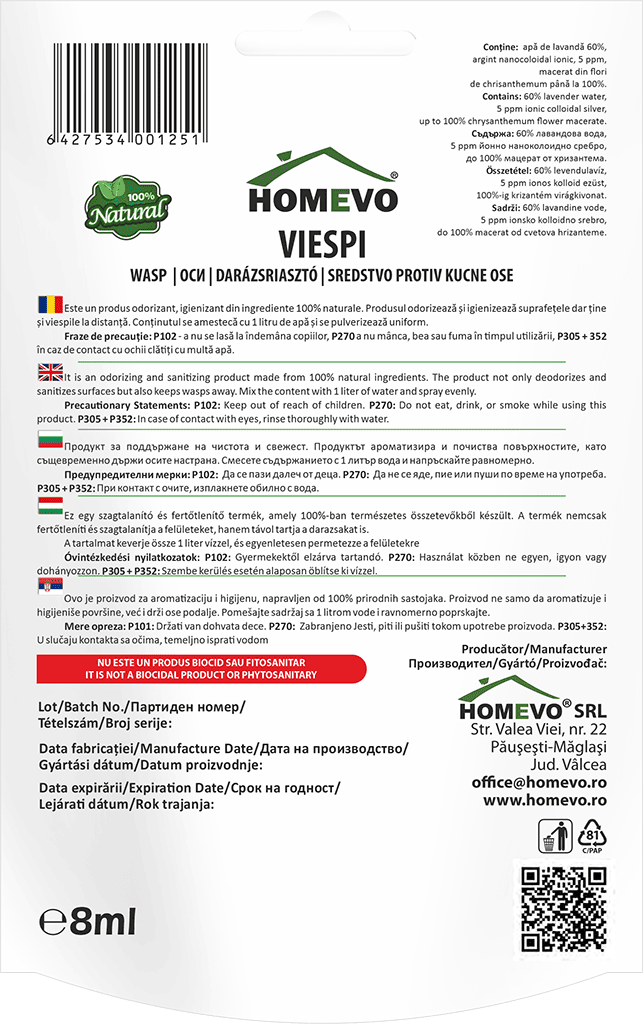 HOMEVO VIESPI 8 ML - Repelent Natural cu Lavanda si Argint Nanocoloidal - Terase, Balcoane, Foisoare