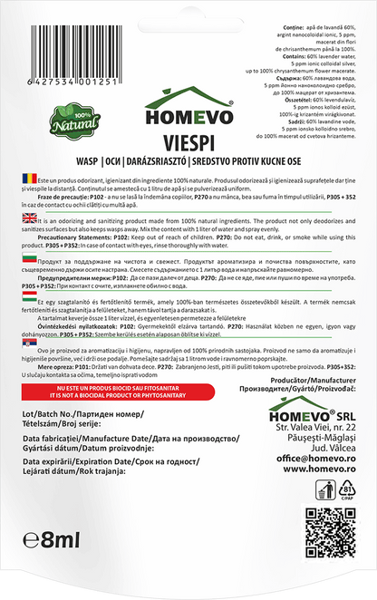 HOMEVO VIESPI 8 ML - Repelent Natural cu Lavanda si Argint Nanocoloidal - Terase, Balcoane, Foisoare