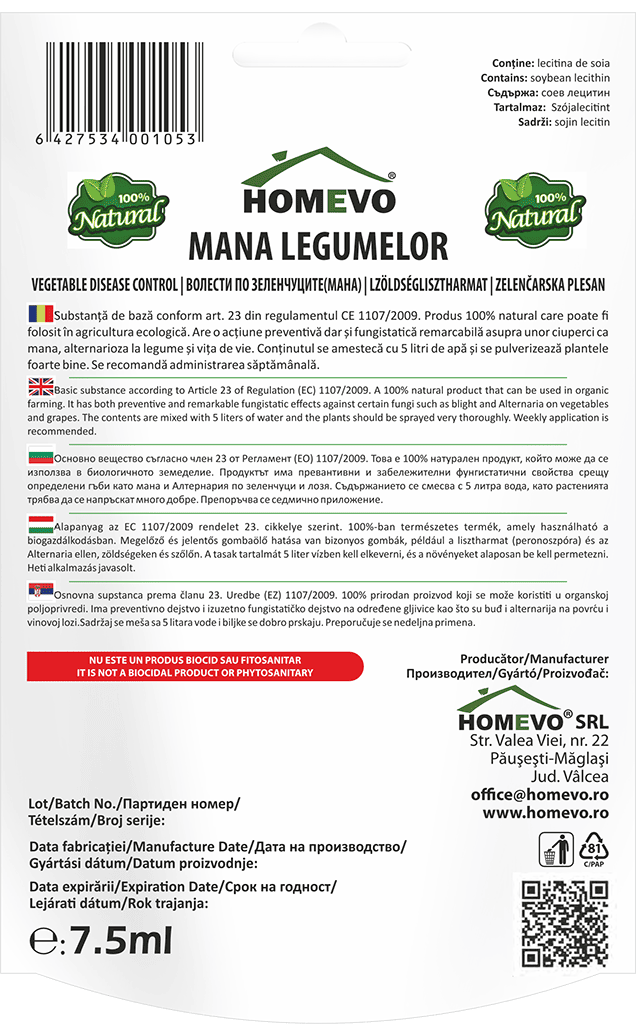 HOMEVO MANA LEGUMELOR 7.5 ML - Fungistatic Natural cu Lecitina de Soia - Rosii, Castraveti, Vinete, Vita de Vie