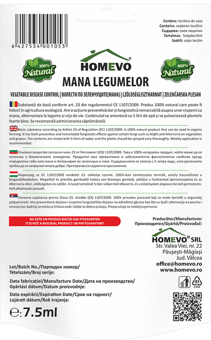 HOMEVO MANA LEGUMELOR 7.5 ML - Fungistatic Natural cu Lecitina de Soia - Rosii, Castraveti, Vinete, Vita de Vie