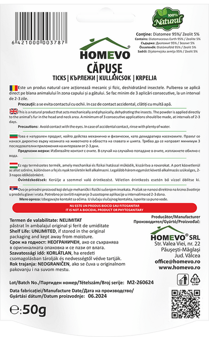 HOMEVO CAPUSE 50G - Pulbere Naturala din Diatomee si Zeolit - Caini, Pisici, Pui de la 3 Luni, Curti si Adaposturi