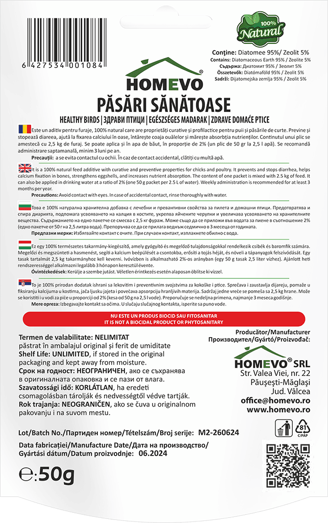 HOMEVO PASARI SANATOASE - Supliment Natural cu Diatomite - Pui si Pasari de Curte - Ouă de Calitate