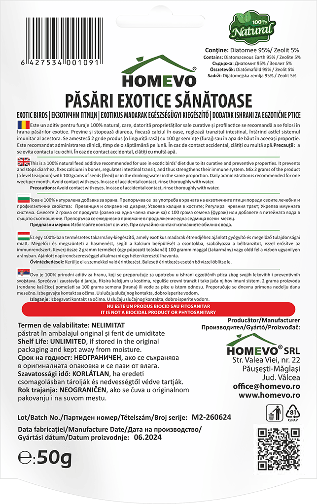 HOMEVO PASARI EXOTICE SANATOASE 50G - Supliment Natural pentru Imunitate si Digestie - Papagali, Canari