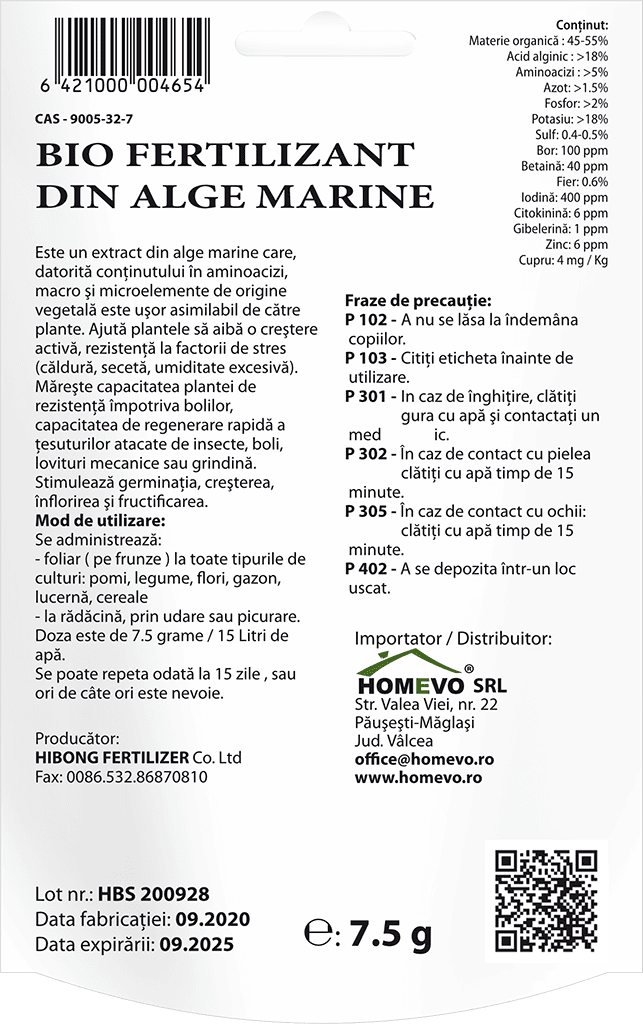 HOMEVO BIO FERTILIZANT UNIVERSAL DIN ALGE MARINE 7.5 GR - Legume, Flori, Pepiniere, Gazon, Lucerna