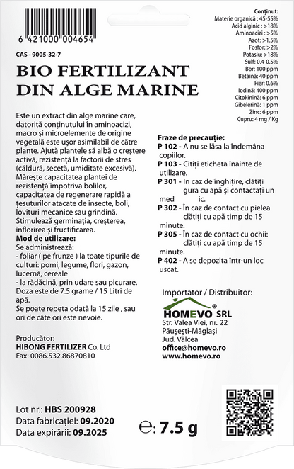 HOMEVO BIO FERTILIZANT UNIVERSAL DIN ALGE MARINE 7.5 GR - Legume, Flori, Pepiniere, Gazon, Lucerna