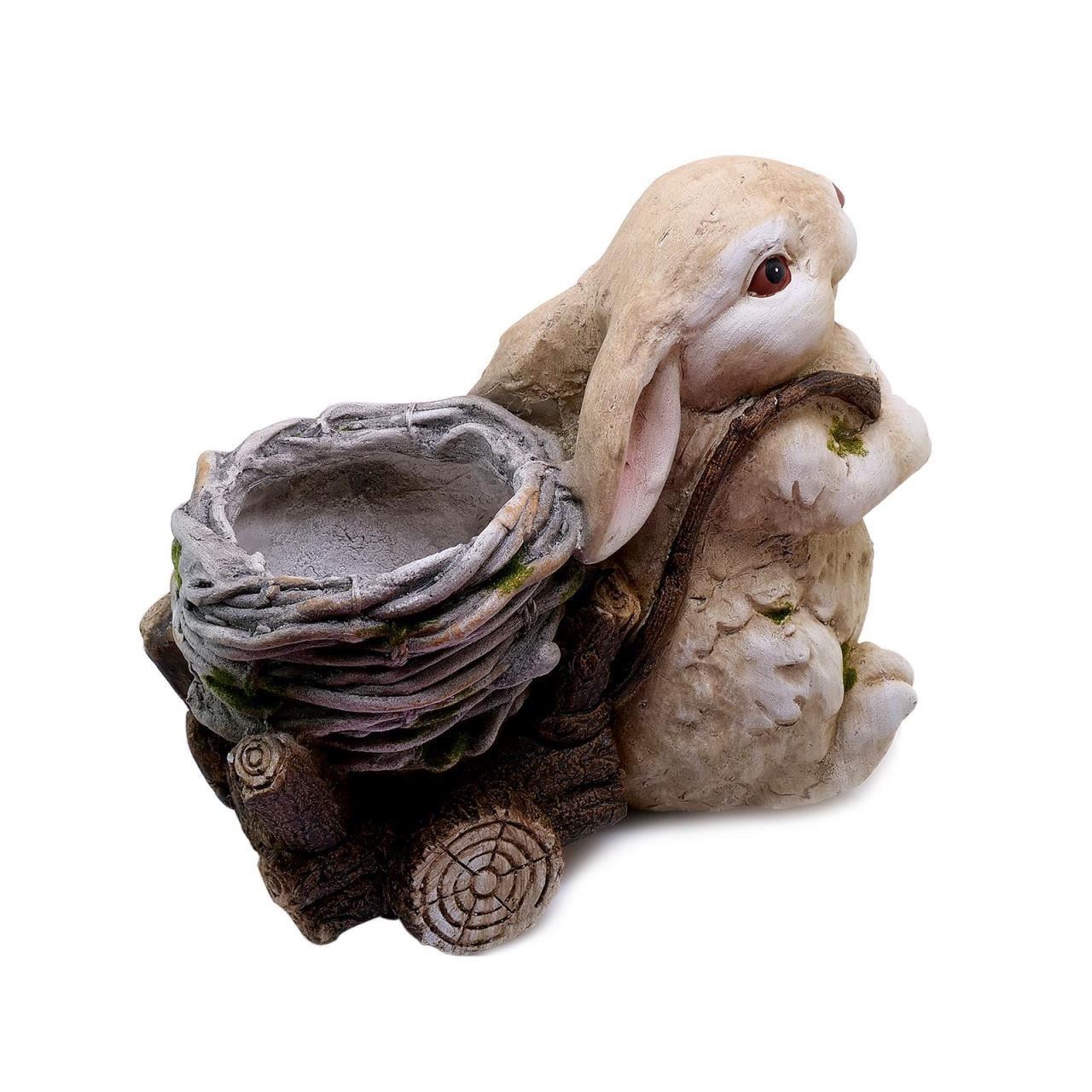 Decoratiune gradina, ceramica, iepure cu carucior, 34x19x39 cm