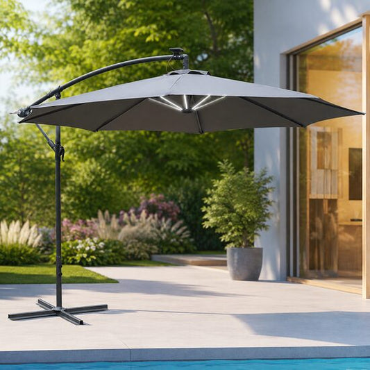 Umbrela gradina/terasa cu panou solar, iluminare LED, articulatie tip banana, manivela, gri, 295 cm