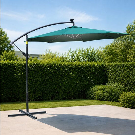 Umbrela gradina/terasa cu panou solar, iluminare LED, articulatie tip banana, manivela, verde, 295 cm