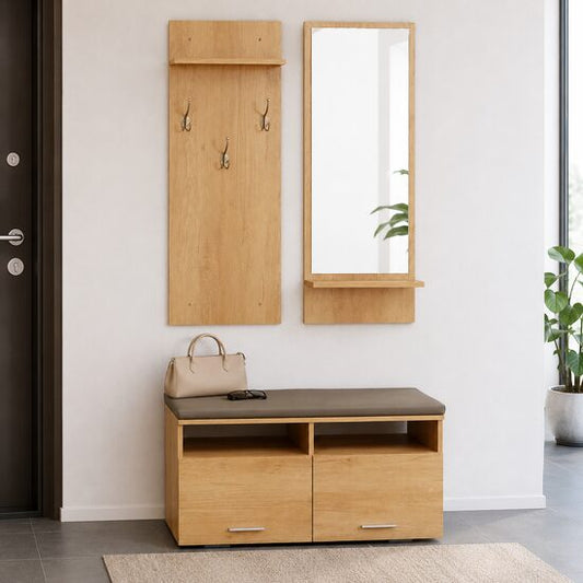 Set mobilier hol, pal, cu pantofar, cuier, oglinda, natur, 3 piese