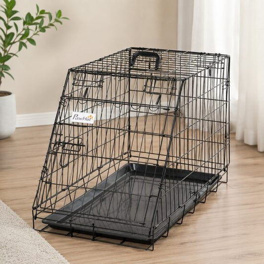 Cusca pentru caine, metal, plastic, cu maner transport, pliabila, negru, 48x76x55 cm
