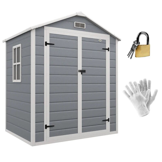 Casuta/magazie/sopron de gradina pentru depozitare unelte, aluminiu si PP, cu manusi, lacat si chei, gri, 183x134x210 cm