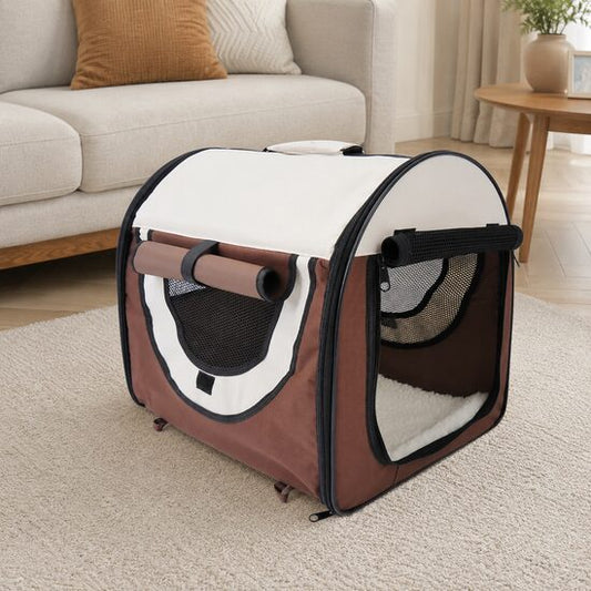 Geanta pentru transport caine/pisica, maro si bej, material Oxford, PVC, impermeabila, pliabila, marimea S-M, 61x46x51 cm