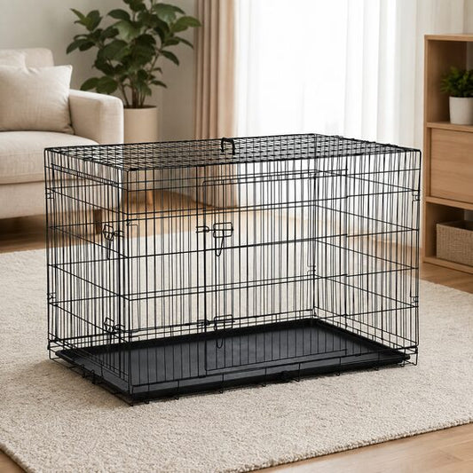 Cusca pentru animale de companie, otel, ABS, pliabila, cu 2 intrari, negru, marimea M, 121x74.5x81 cm