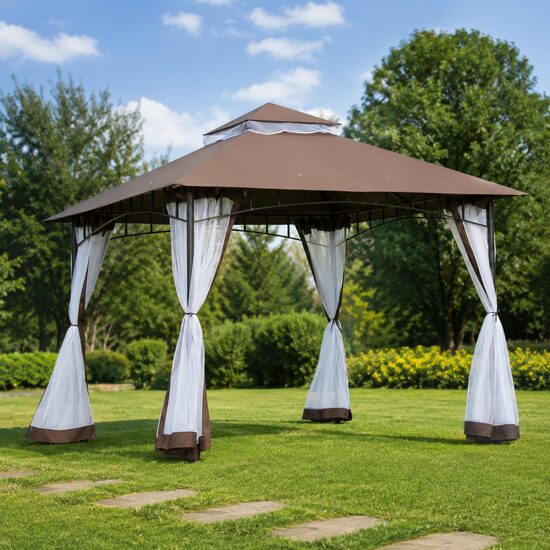 Pavilion/foisor pentru gradina/terasa, cadru metalic, cu plasa pentru insecte, maro si alb, 2.95x2.95x2.7 m