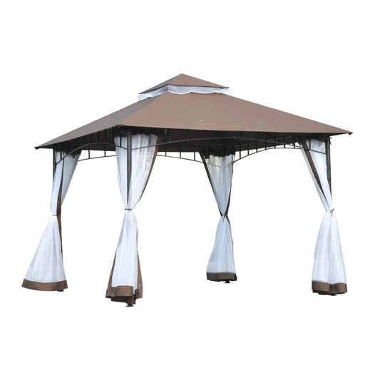 Pavilion/foisor pentru gradina/terasa, cadru metalic, cu plasa pentru insecte, maro si alb, 2.95x2.95x2.7 m