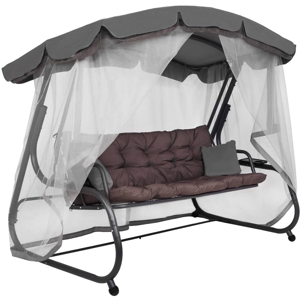 Balansoar gradina, Springos, 3 locuri, cu plasa insecte, gri si maro, 226x126x192 cm, functie pat, perne, max 260 kg, Diana