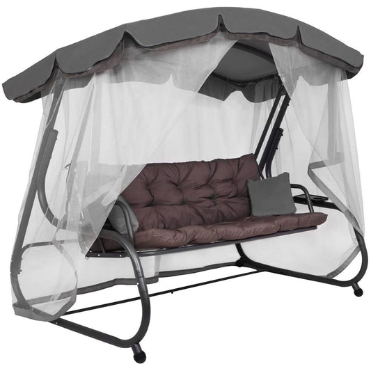 Balansoar gradina, Springos, 3 locuri, cu plasa insecte, gri si maro, 226x126x192 cm, functie pat, perne, max 260 kg, Diana