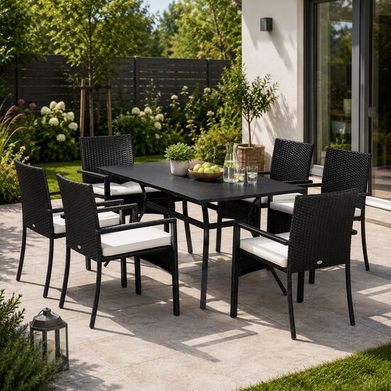 Set mobilier gradina/terasa, negru si bej, ratan sintetic, 1 masa, 6 scaune, Lynna