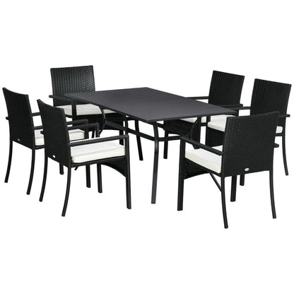 Set mobilier gradina/terasa, negru si bej, ratan sintetic, 1 masa, 6 scaune, Lynna