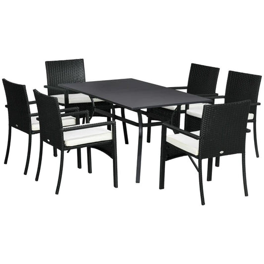 Set mobilier gradina/terasa, negru si bej, ratan sintetic, 1 masa, 6 scaune, Lynna