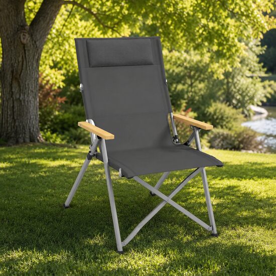 Scaun pliabil gradina, camping, pescuit, material Oxford, cu tetiera, buzunar, spatar reglabil, gri, 74x59.5x98 cm