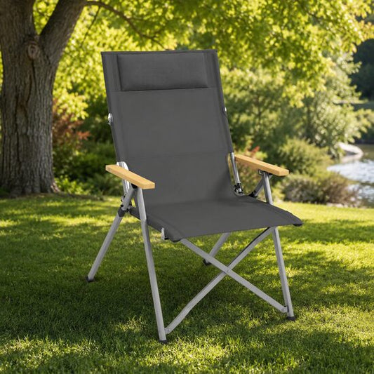 Scaun pliabil gradina, camping, pescuit, material Oxford, cu tetiera, buzunar, spatar reglabil, gri, 74x59.5x98 cm