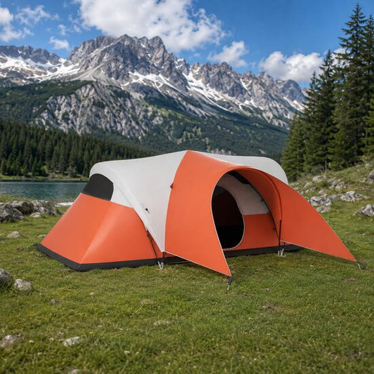Cort camping, 5-6 persoane, impermeabil, cu copertina, ferestre, geanta, portocaliu, 550x300x198 cm