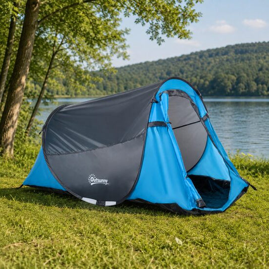 Cort camping, 2 persoane, impermeabil, tip igloo, cu husa, albastru deschis, 220x108x110 cm