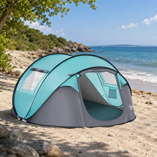 Cort camping, 4 persoane, impermeabil, tip igloo, cu 2 ferestre, 2 intrari, husa, deschidere automata, albastru deschis si gri, 286x209x122 cm