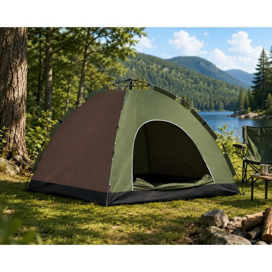Cort camping, 4 persoane, impermeabil, cu geanta, deschidere automata, verde si maro, 210x210x135 cm