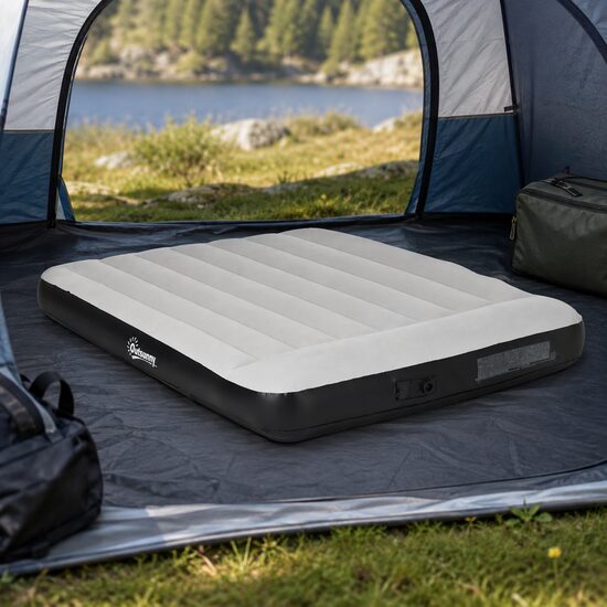Saltea camping, 2 persoane, gonflabila, cu pompa electrica incorporata, 220-240 V, PVC, gri si negru, 203x152x30 cm