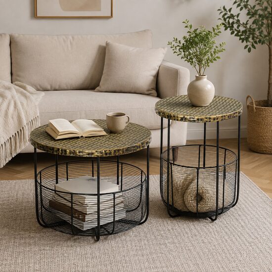 Masuta gradina/terasa/balcon, cu cos depozitare metalic, rotunda, negru si maro deschis, set 2 marimi