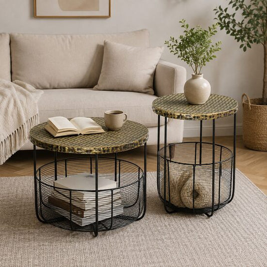 Masuta gradina/terasa/balcon, cu cos depozitare metalic, rotunda, negru si maro deschis, set 2 marimi