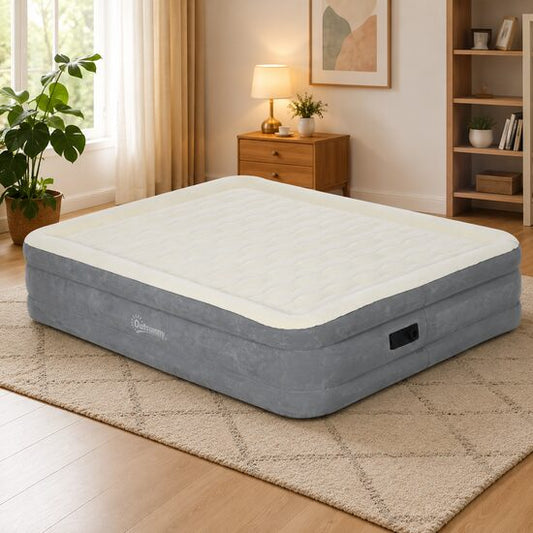 Saltea camping, gonflabila, cu pompa electrica incorporata, 220-240 V, PVC, gri si bej, 203x92x46 cm