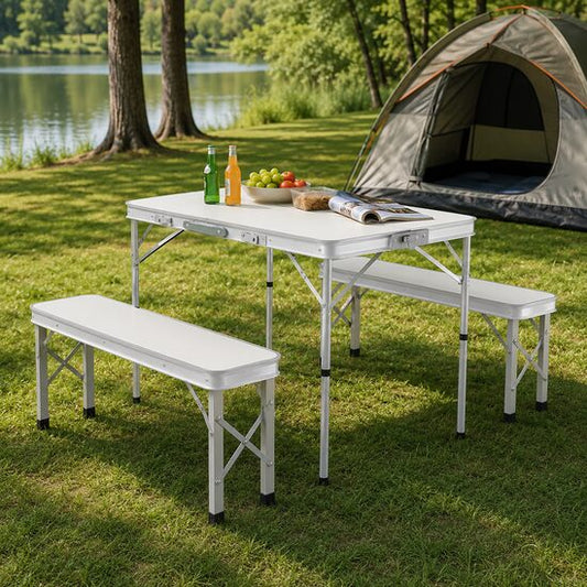 Set mobilier gradina/camping, pliabil, 1 masa, 2 banci, MDF si aluminiu, alb, 90 cm, Frankfurt