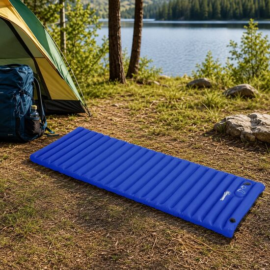 Saltea camping, gonflabila, cu pompa incorporata, impermeabila, plastic 190T, albastru, 195x70x10 cm