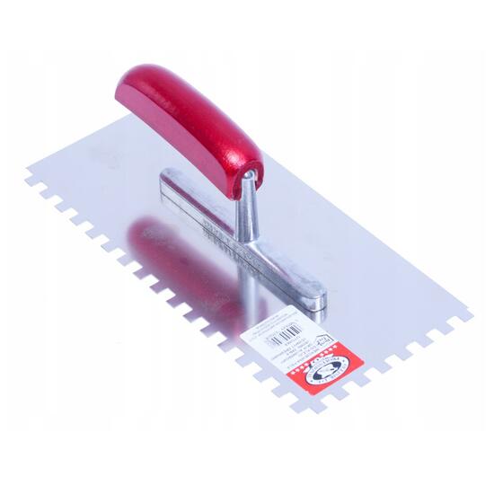 Gletiera inox, pentru adezivi, cu zimti, 12x12 mm, 28x13 cm x 1.2 mm, maner lemn, Olejnik