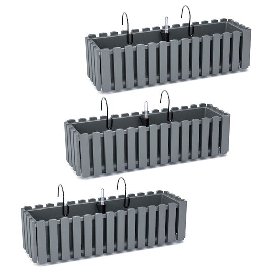 Set 3 jardiniere decorative cu suport metalic, sistem irigare, gri, 58x18x16.2 cm, Boardee Fencycase W
