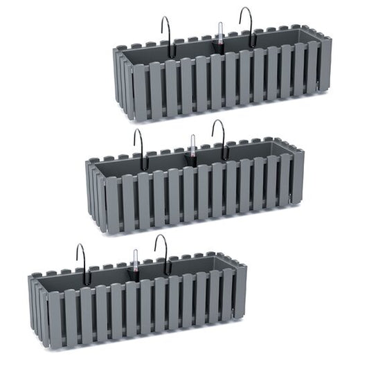 Set 3 jardiniere decorative cu suport metalic, sistem irigare, gri, 58x18x16.2 cm, Boardee Fencycase W