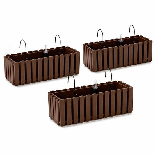 Set 3 jardiniere decorative cu suport metalic, sistem irigare, maro, 58x18x16.2 cm, Boardee Fencycase W