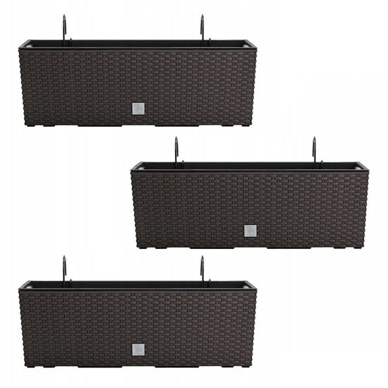 Set 3 jardiniere cu suport metalic, imitatie ratan, maro, 58x18x19.5 cm, Rato Case W