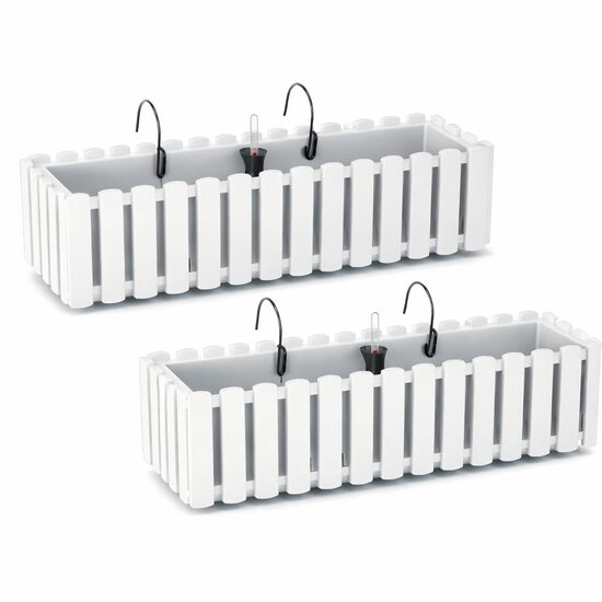 Set 2 jardiniere decorative cu suport metalic, sistem irigare, alb, 58x18x16.2 cm, Boardee Fencycase W