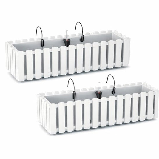 Set 2 jardiniere decorative cu suport metalic, sistem irigare, alb, 58x18x16.2 cm, Boardee Fencycase W