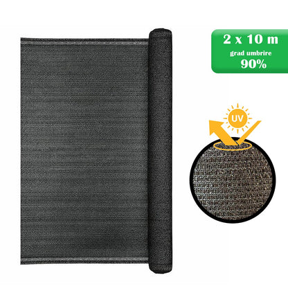 Plasa de umbrire, HDPE, 150 g/mp, grad de umbrire 90%, antracit, 2x10 m