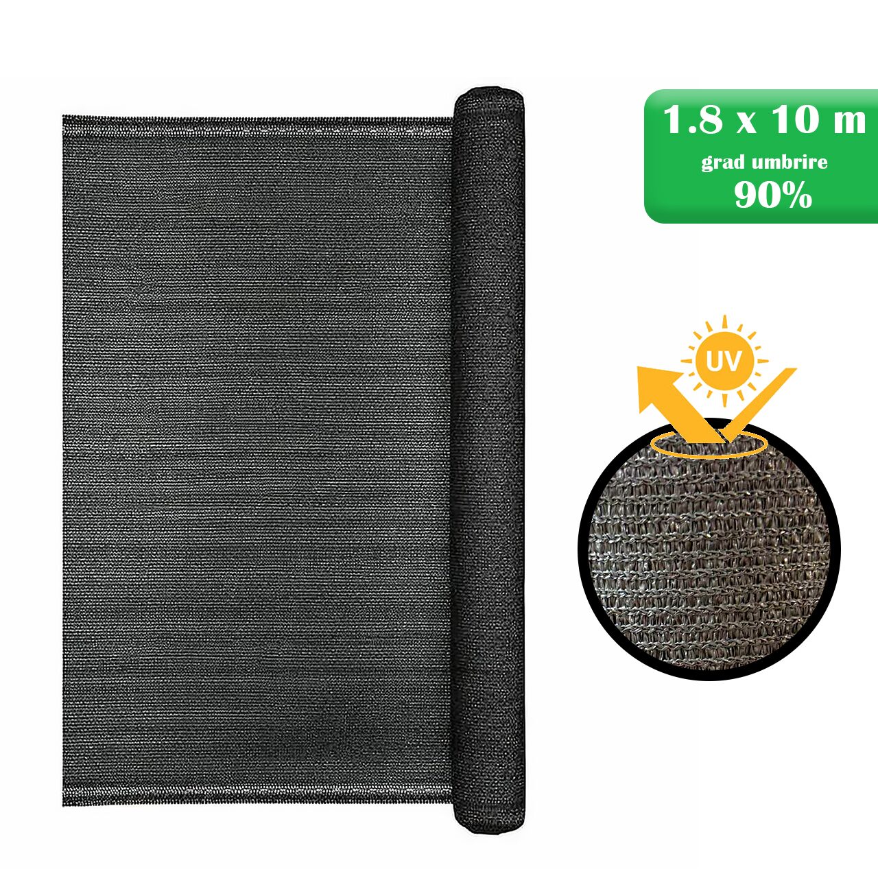 Plasa de umbrire, HDPE, 150 g/mp, grad de umbrire 90%, antracit, 1.8x10 m