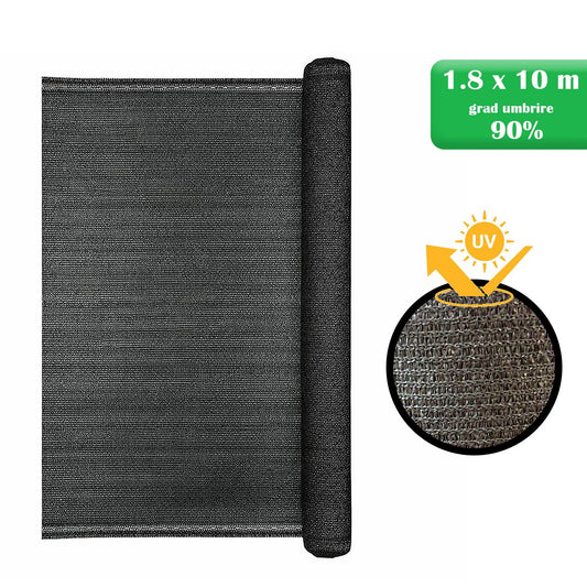 Plasa de umbrire, HDPE, 150 g/mp, grad de umbrire 90%, antracit, 1.8x10 m