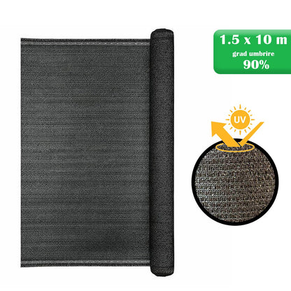 Plasa de umbrire, HDPE, 150 g/mp, grad de umbrire 90%, antracit, 1.5x10 m